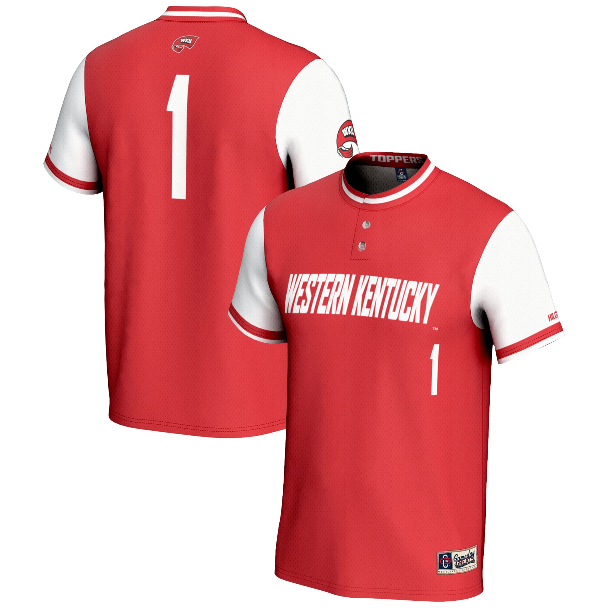 #1 Western Kentucky Hilltoppers Unisex Lightweight Softball Jersey Red - front and back view