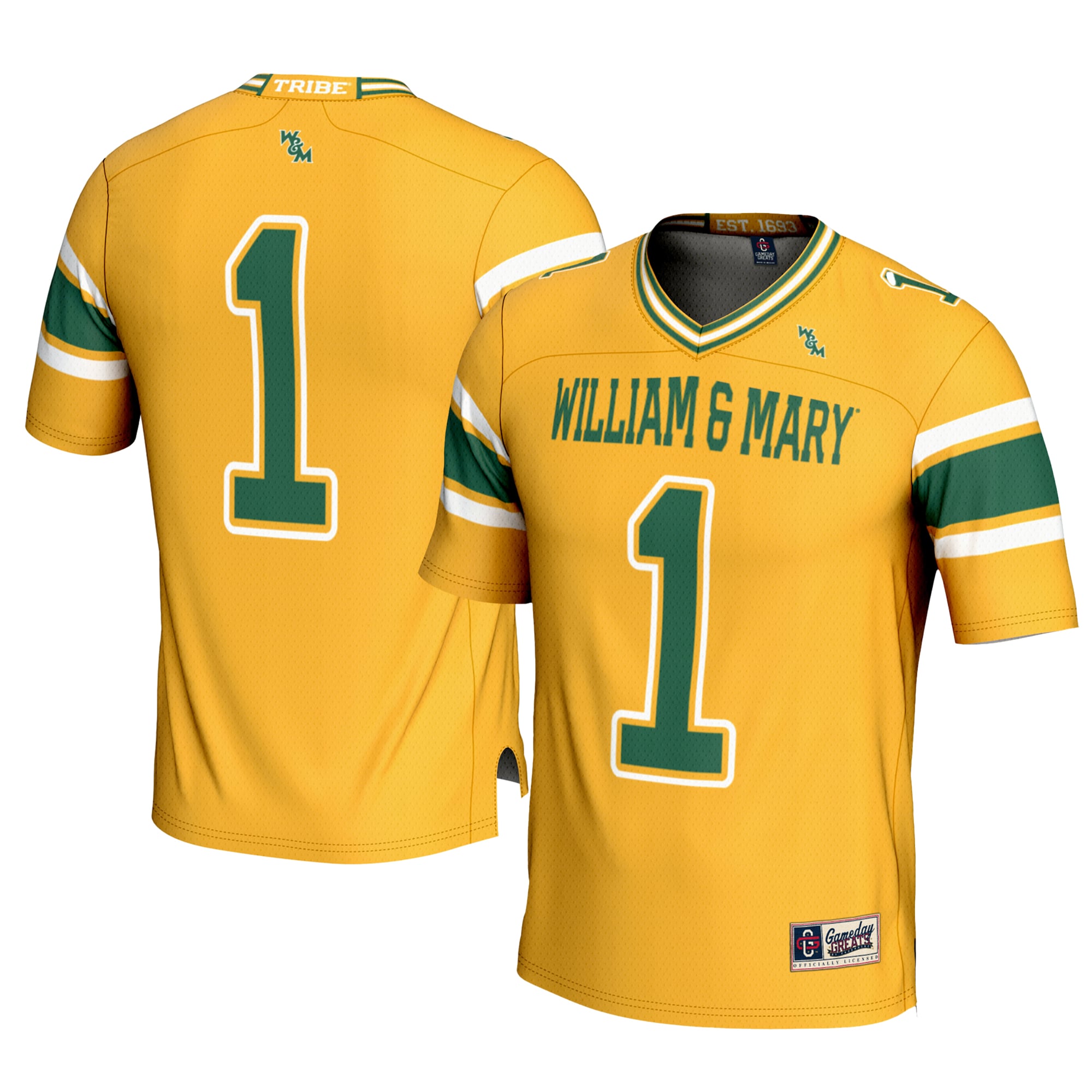 #1 William & Mary Tribe Football Jersey Gold - front and back view