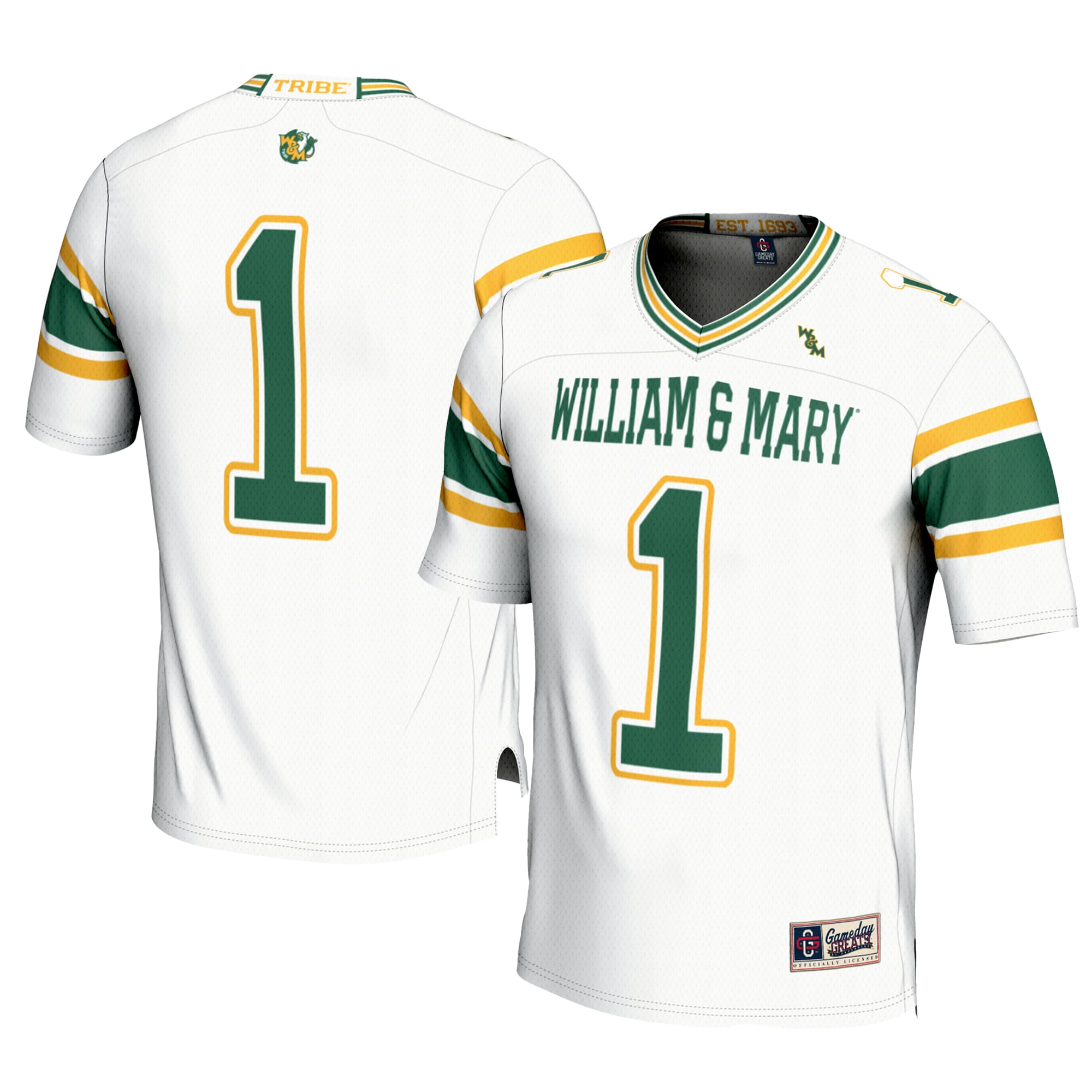 #1 William & Mary Tribe Football Jersey White - front and back view