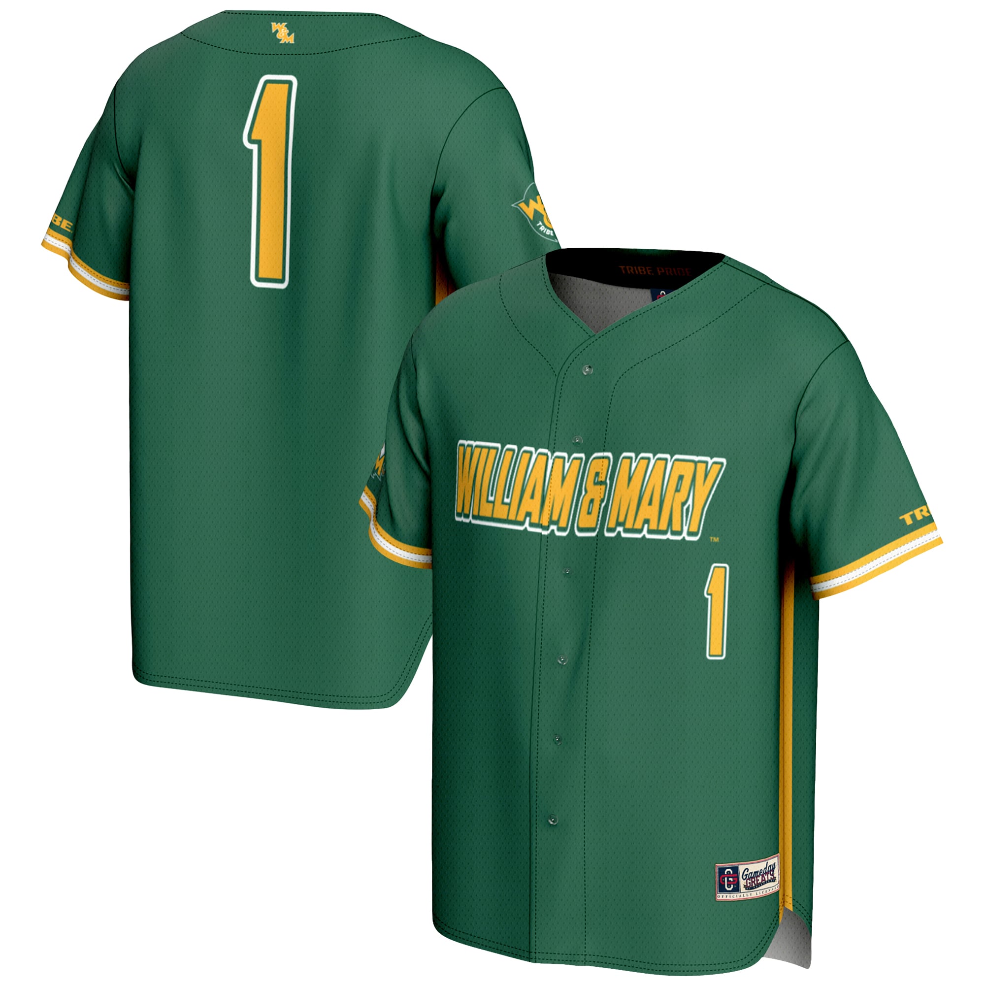 #1 William & Mary Tribe Lightweight Baseball Fashion Jersey Green - front and back view