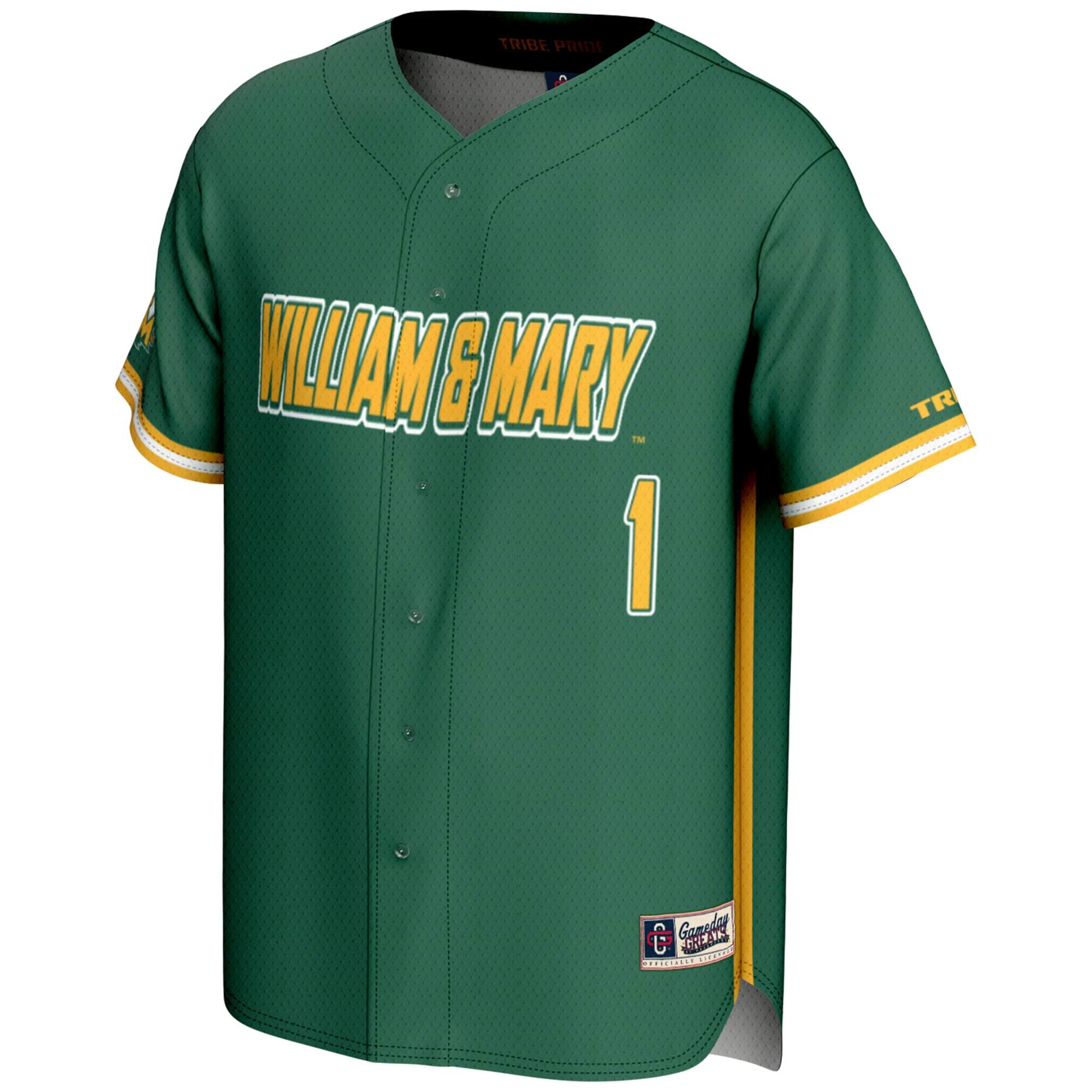 #1 William & Mary Tribe Lightweight Baseball Fashion Jersey Green - front view