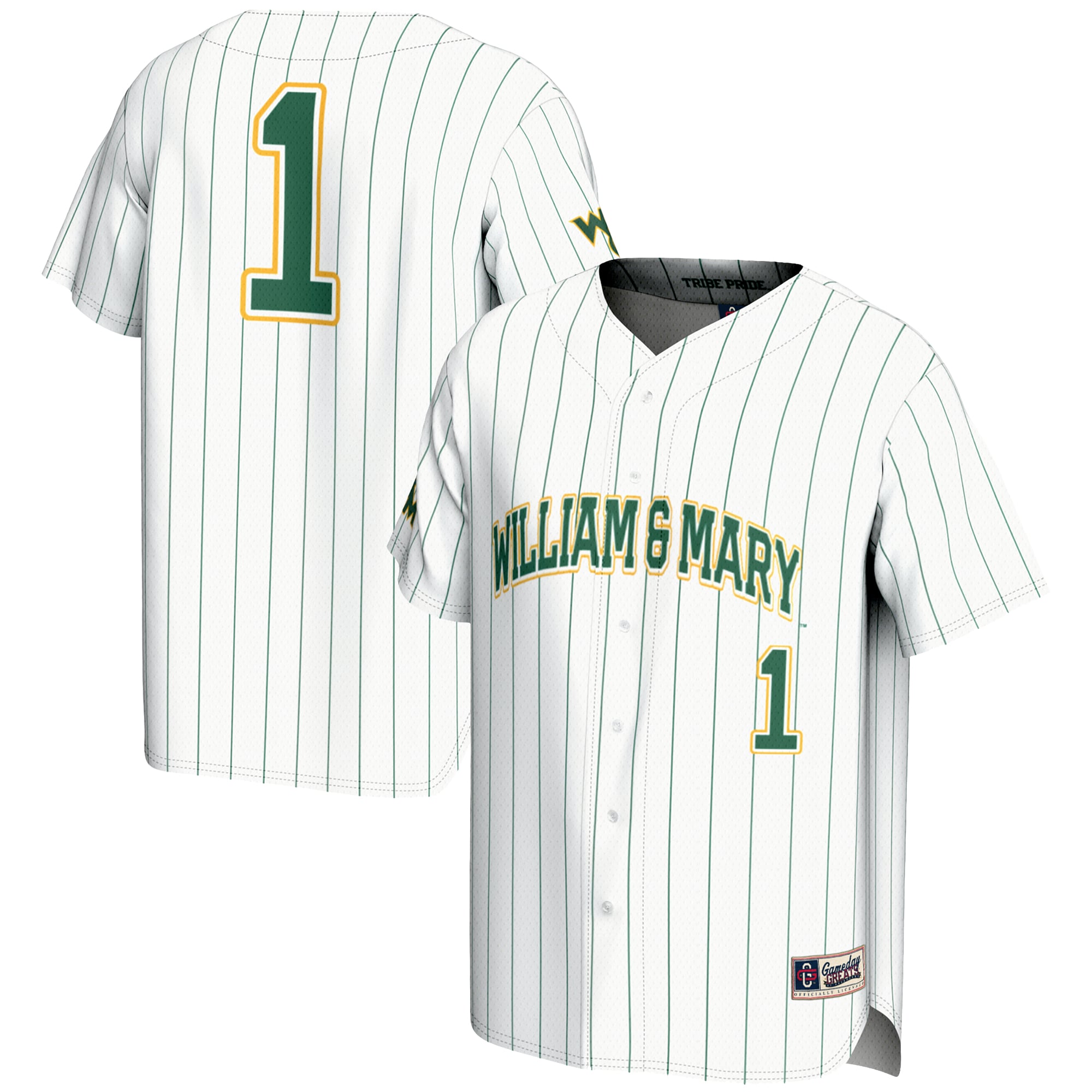 #1 William & Mary Tribe Lightweight Baseball Fashion Jersey White - front and back view