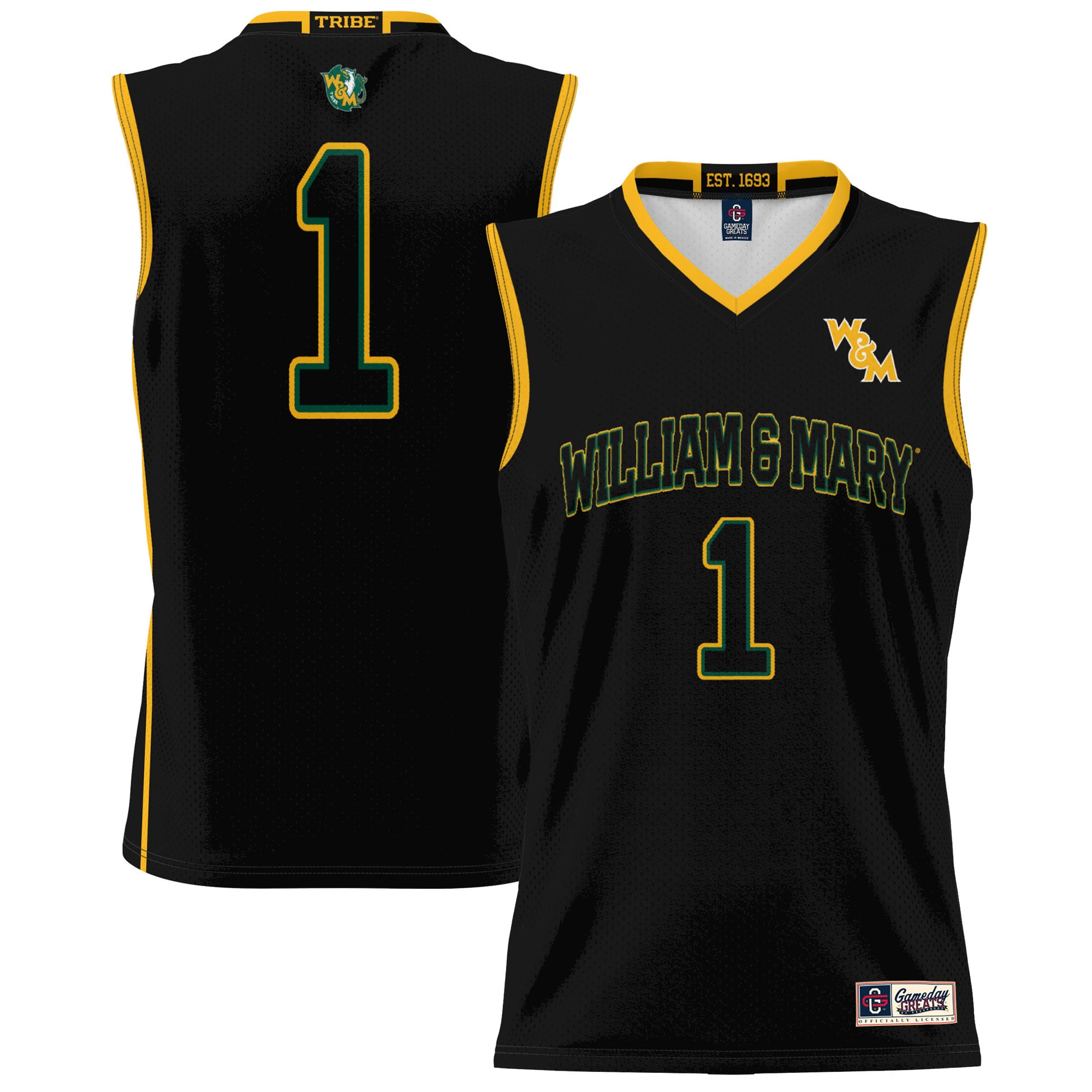 #1 William & Mary Tribe Unisex Lightweight Basketball Jersey Black - front and back view