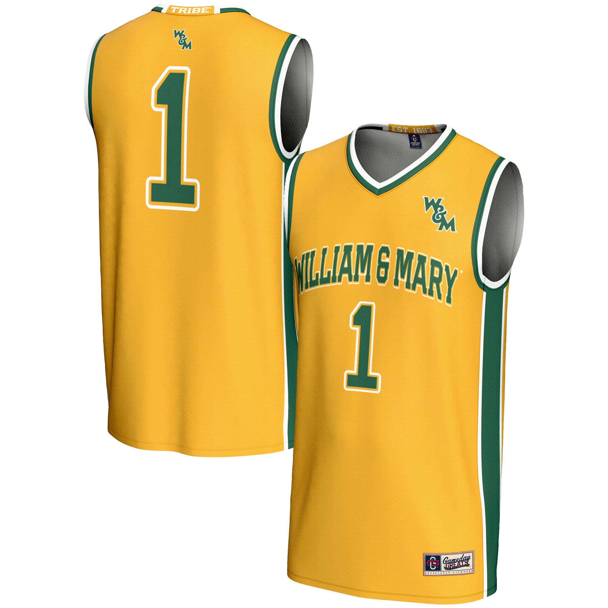 #1 William & Mary Tribe Unisex Lightweight Basketball Jersey Gold - front and back view