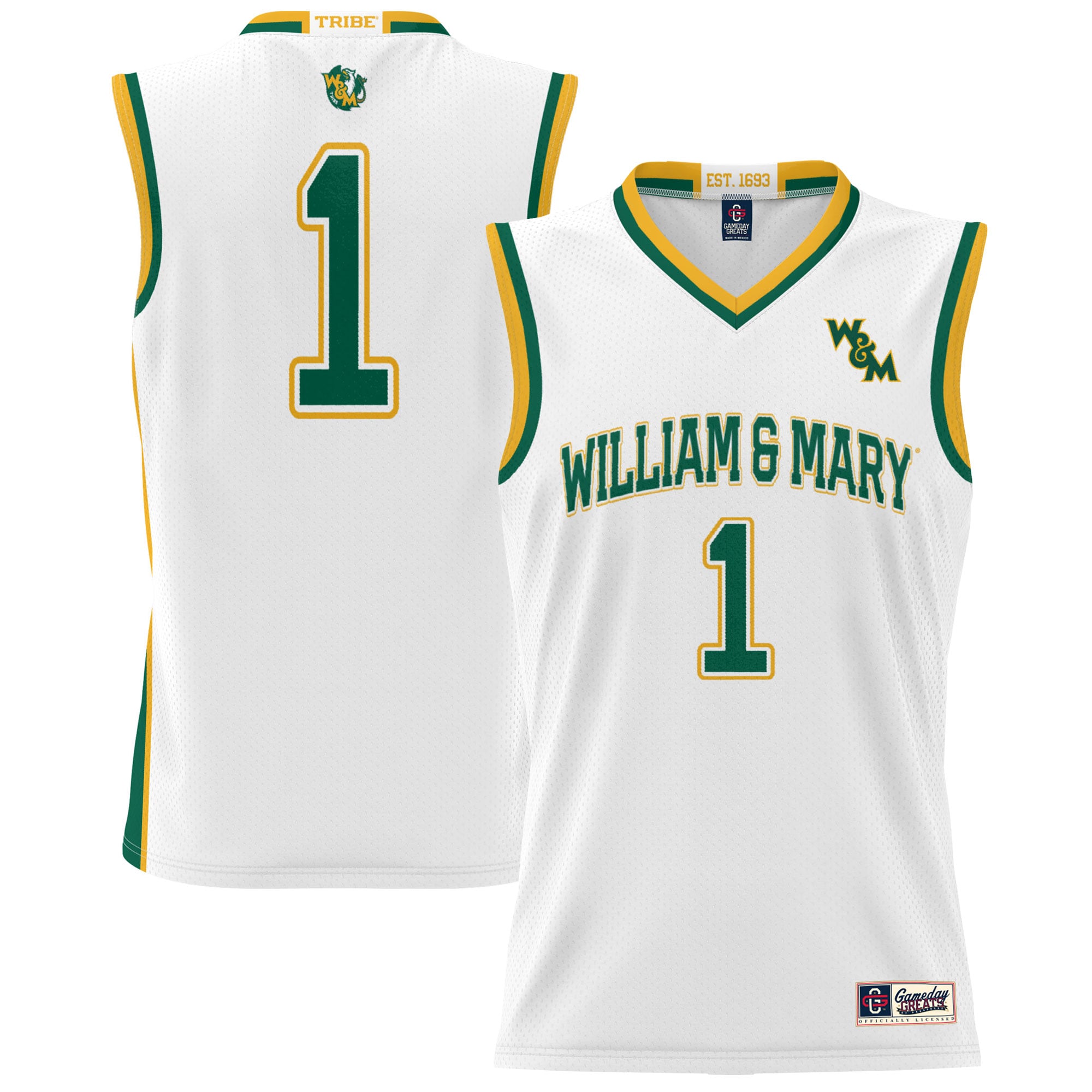 #1 William & Mary Tribe Unisex Lightweight Basketball Jersey White - front and back view