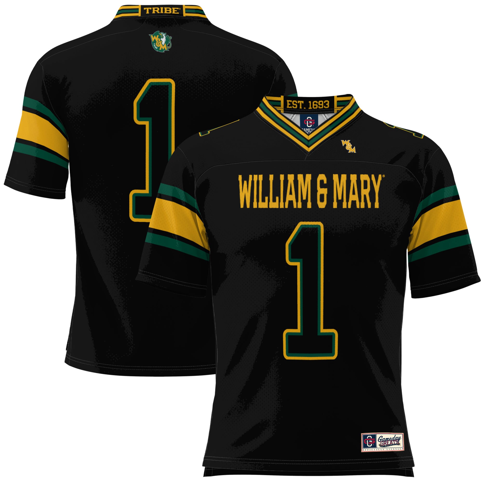 #1 William & Mary Tribe Youth Football Jersey Black - front and back view