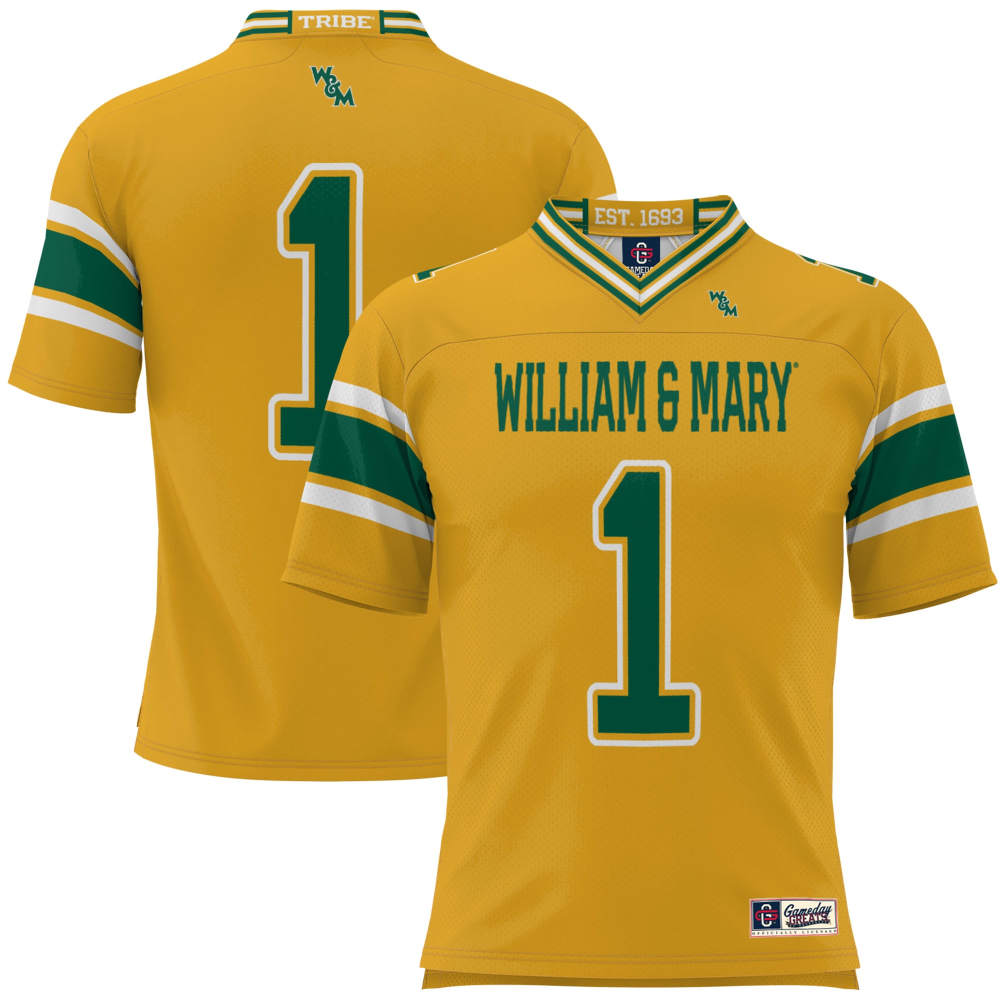 #1 William & Mary Tribe Youth Football Jersey Gold - front and back view