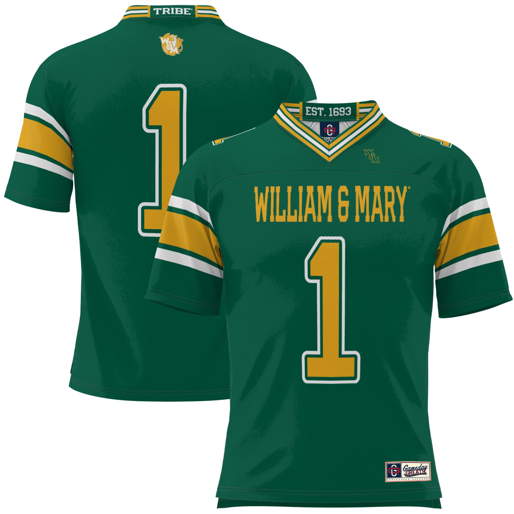 #1 William & Mary Tribe Youth Football Jersey Green - front and back view