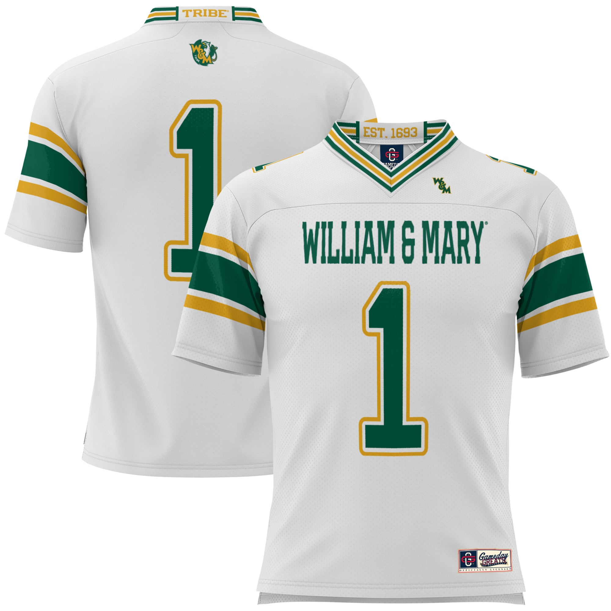 #1 William & Mary Tribe Youth Football Jersey White - front and back view