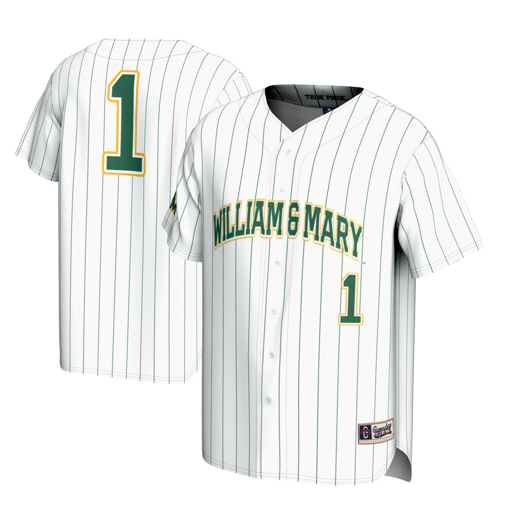 #1 William & Mary Tribe Youth Lightweight Baseball Fashion Jersey White - front and back view