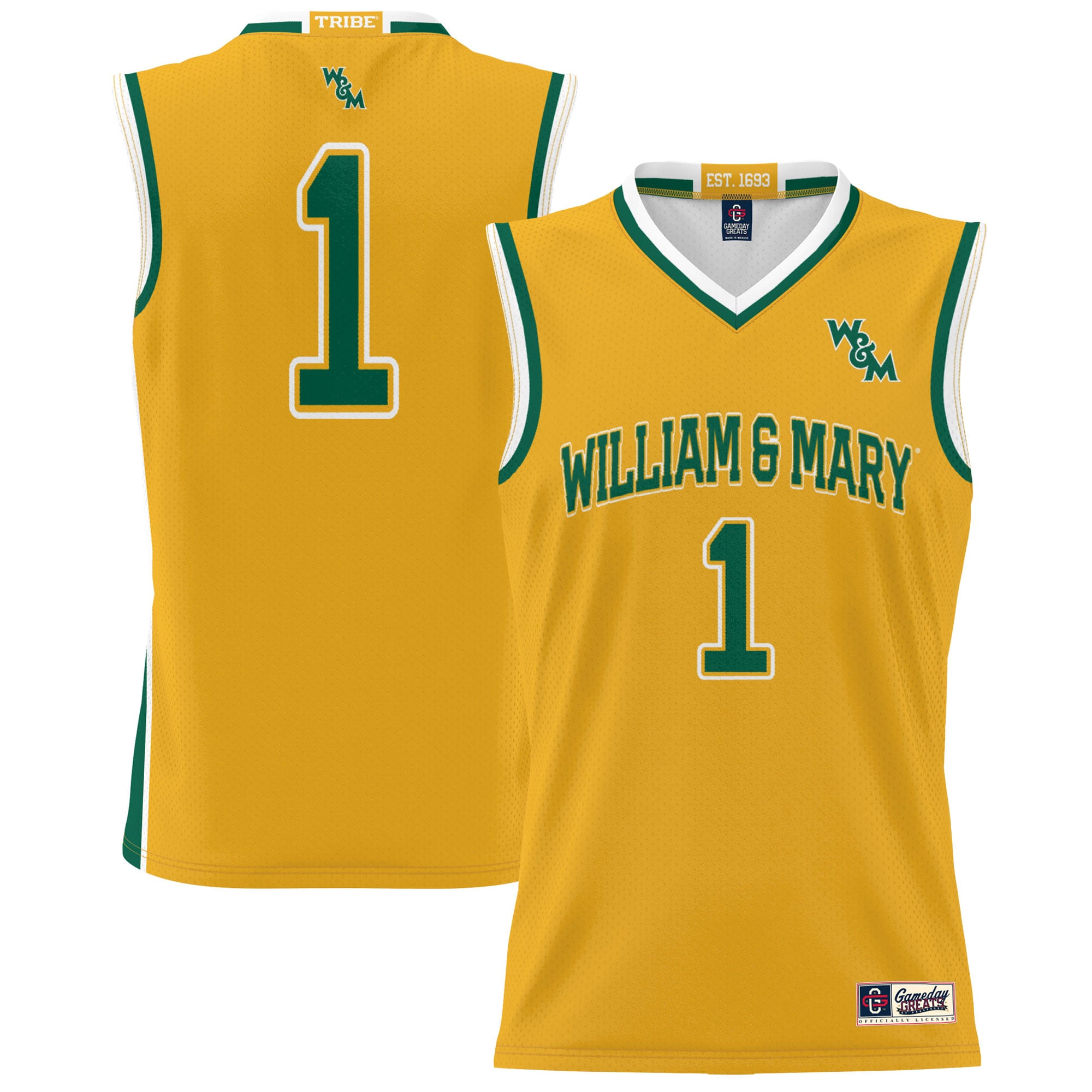 #1 William & Mary Tribe Youth Lightweight Basketball Jersey Gold - front and back view