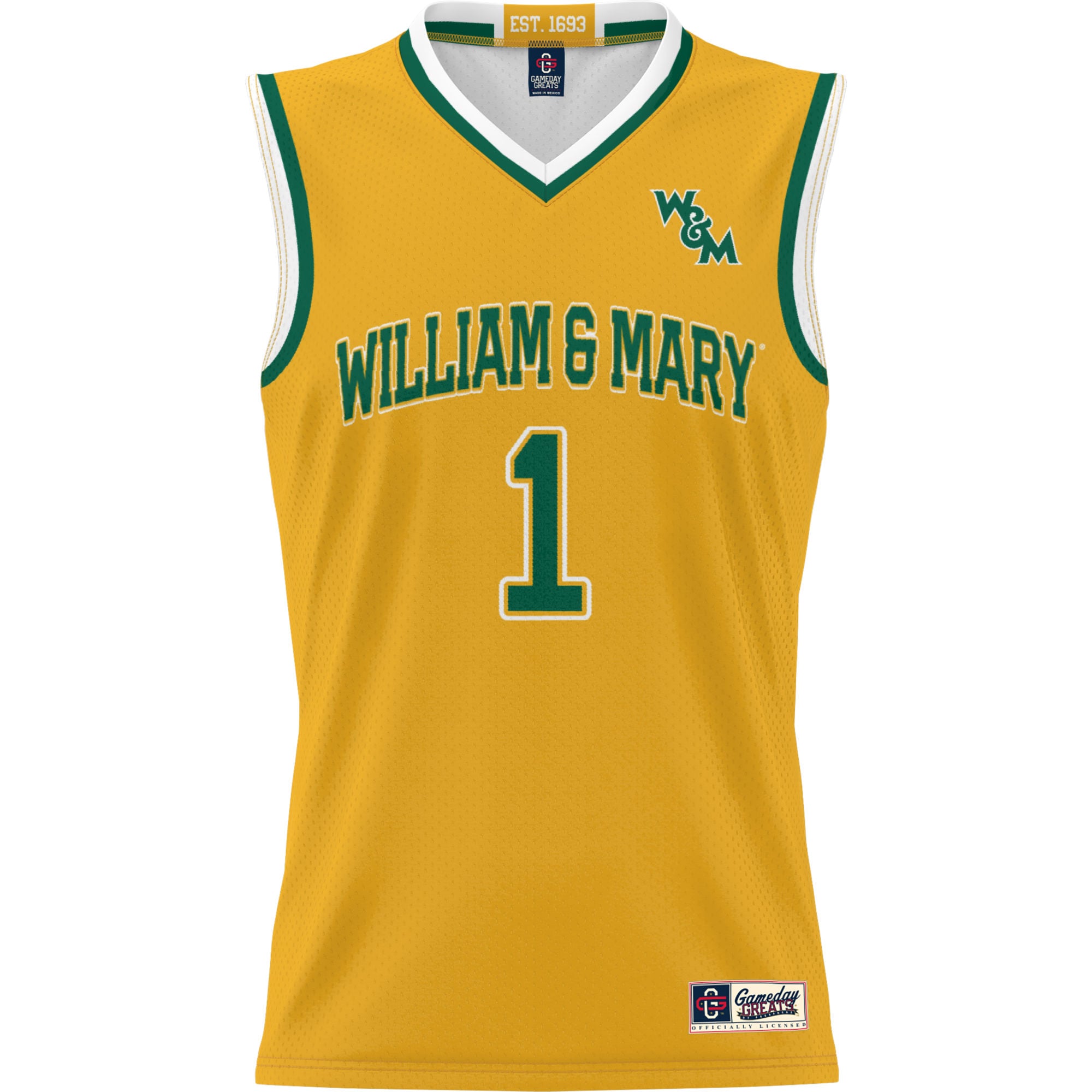 #1 William & Mary Tribe Youth Lightweight Basketball Jersey Gold - front view