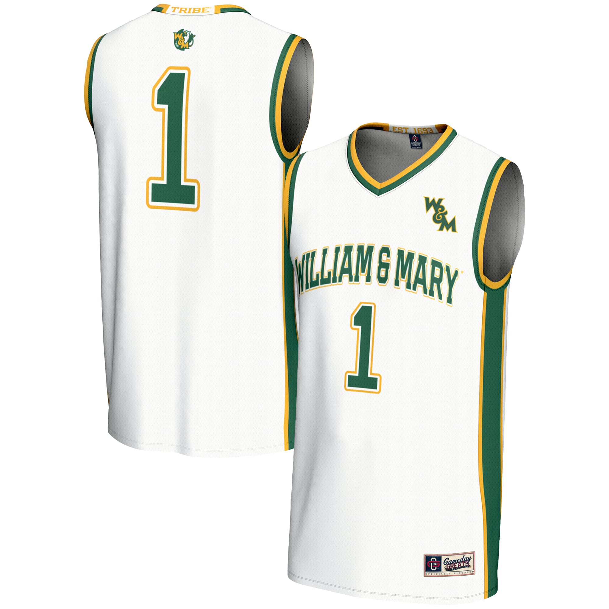 #1 William & Mary Tribe Youth Lightweight Basketball Jersey White - front and back view