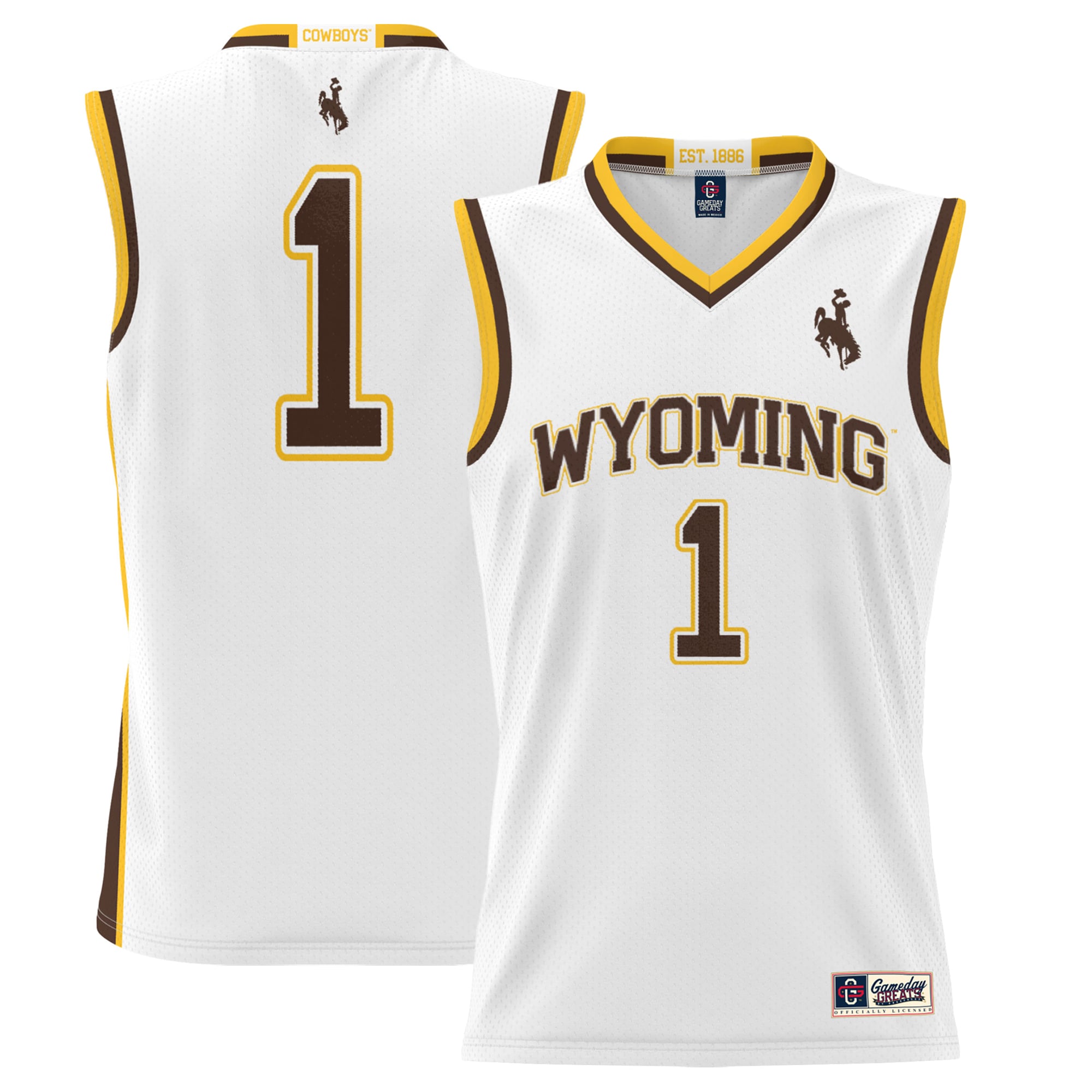 #1 Wyoming Cowboys Youth Lightweight Basketball Jersey White - front and back view