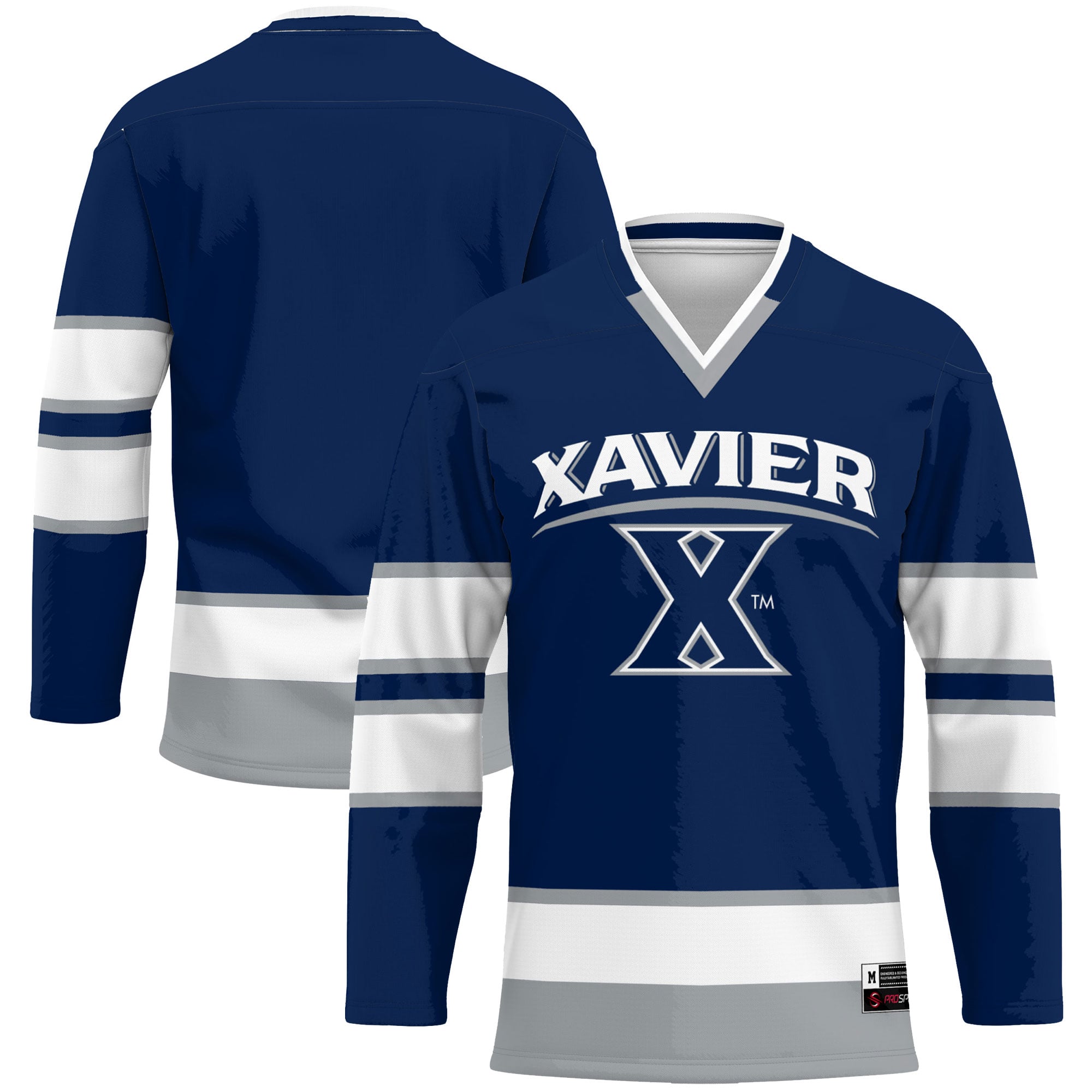 Xavier Musketeers Hockey Jersey Navy - front and back view