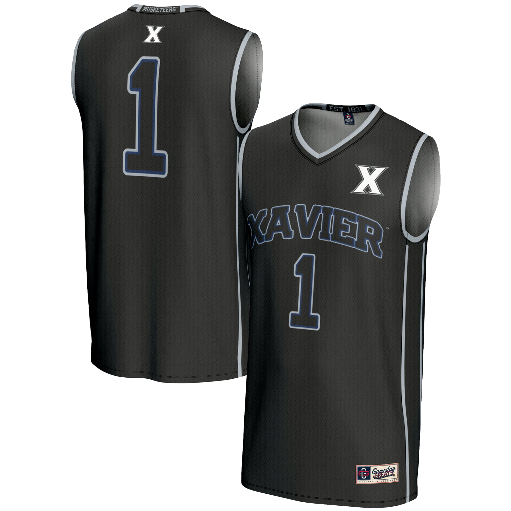 #1 Xavier Musketeers Unisex Lightweight Basketball Jersey Black - front and back view