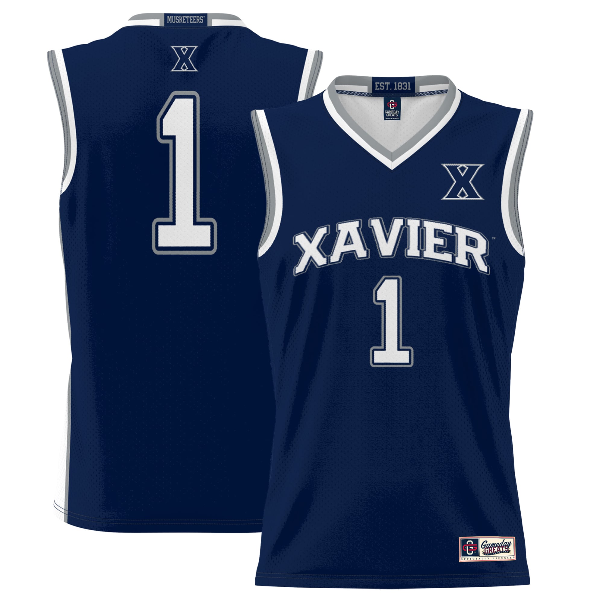 #1 Xavier Musketeers Youth Lightweight Basketball Jersey Navy - front and back view