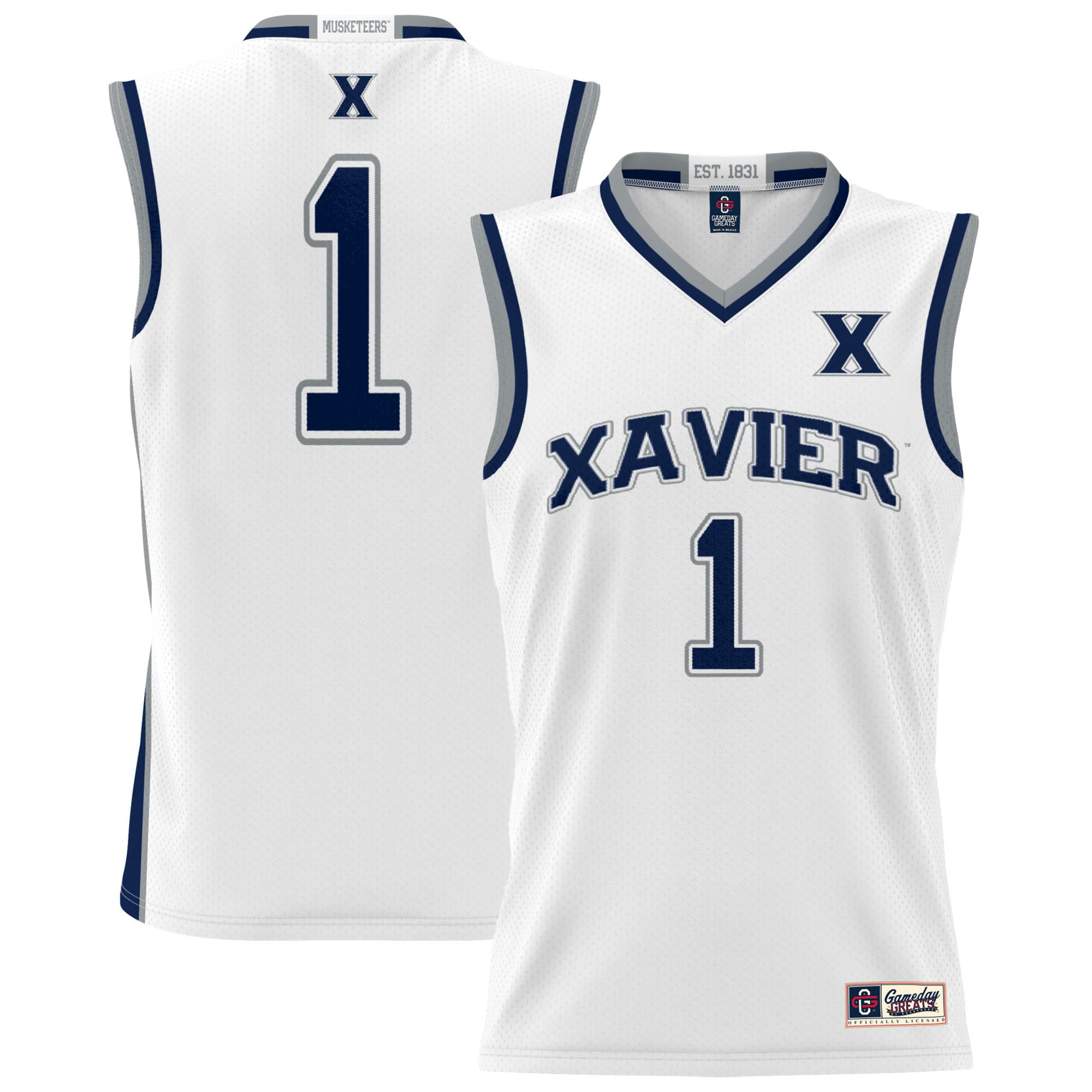 #1 Xavier Musketeers Youth Lightweight Basketball Jersey White - front and back view