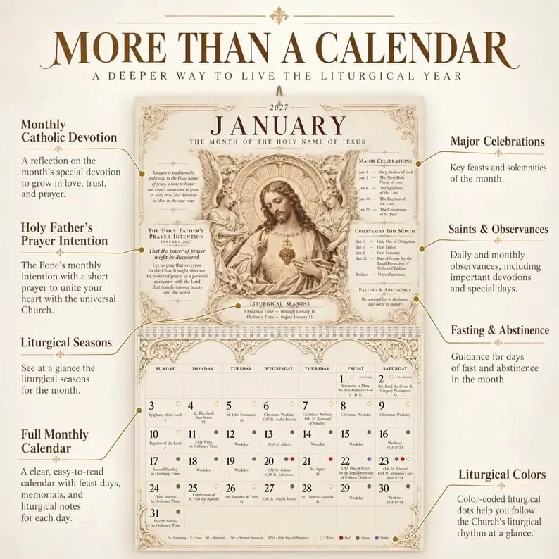Artwork and details of the 2027 Catholic calendar