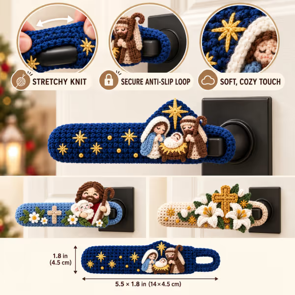 ✝️ Hand-Crocheted Christian Door Handle Covers | Soft 3D Details & Machine-Washable Design 🧶 - ✝️The Easter Lily Cross (Beige)