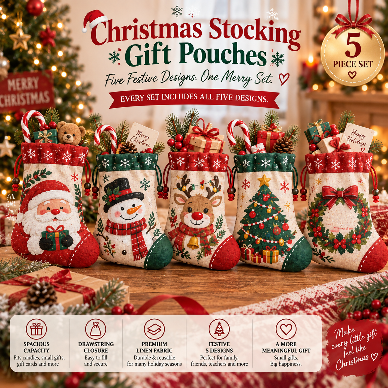 Christmas Stocking Gift Pouches – 5 Festive Designs in One Set