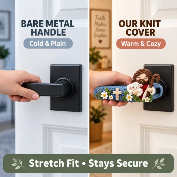 ✝️ Hand-Crocheted Christian Door Handle Covers | Soft 3D Details & Machine-Washable Design 🧶 - ✝️The Easter Lily Cross (Beige)
