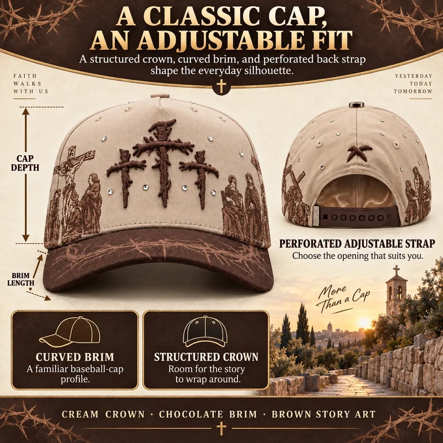 Cap information graphic showing the curved brim, structured crown, adjustable back strap and cream and brown color placement