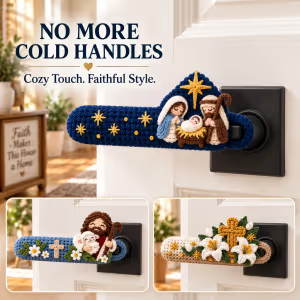✝️ Hand-Crocheted Christian Door Handle Covers | Soft 3D Details & Machine-Washable Design 🧶 - ✝️The Easter Lily Cross (Beige)