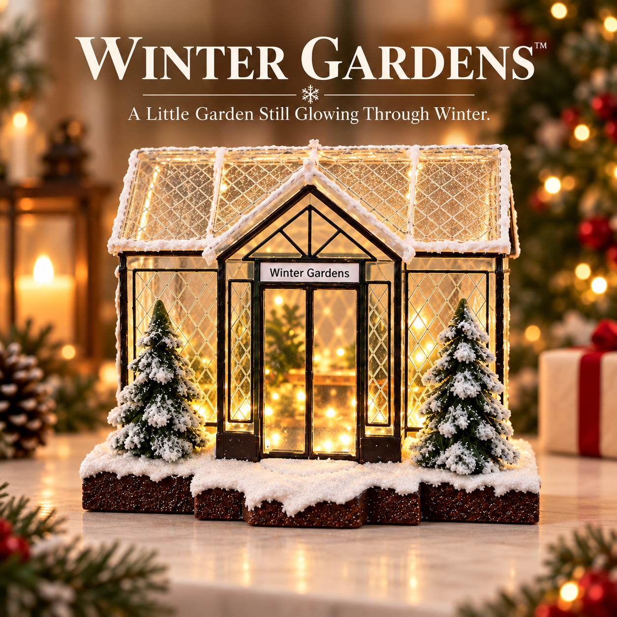 Winter Gardens™ Lighted Miniature Conservatory – Snowy Greenhouse Christmas Tabletop Decor