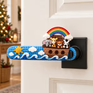 ✝️ Hand-Crocheted Christian Door Handle Covers | Soft 3D Details & Machine-Washable Design 🧶 - ✝️The Easter Lily Cross (Beige)