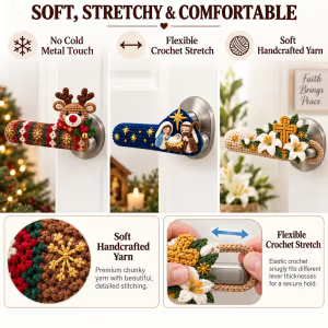 ✝️ Hand-Crocheted Christian Door Handle Covers | Soft 3D Details & Machine-Washable Design 🧶 - ✝️The Easter Lily Cross (Beige)