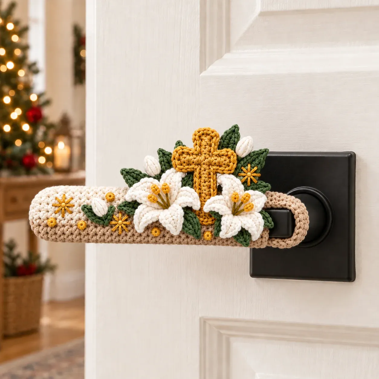 ✝️ Hand-Crocheted Christian Door Handle Covers | Soft 3D Details & Machine-Washable Design 🧶 - ✝️The Easter Lily Cross (Beige)
