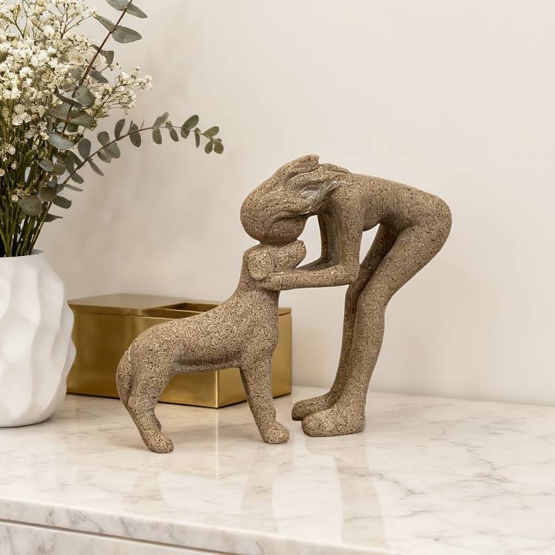 Woman & Dog Love Sculpture – Modern Abstract Dog Lover Home Décor