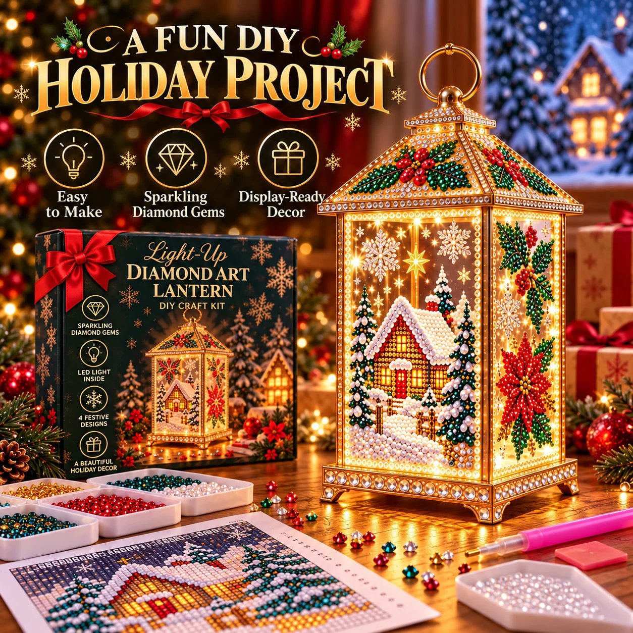 Finished Light-Up Diamond Art Christmas Lantern