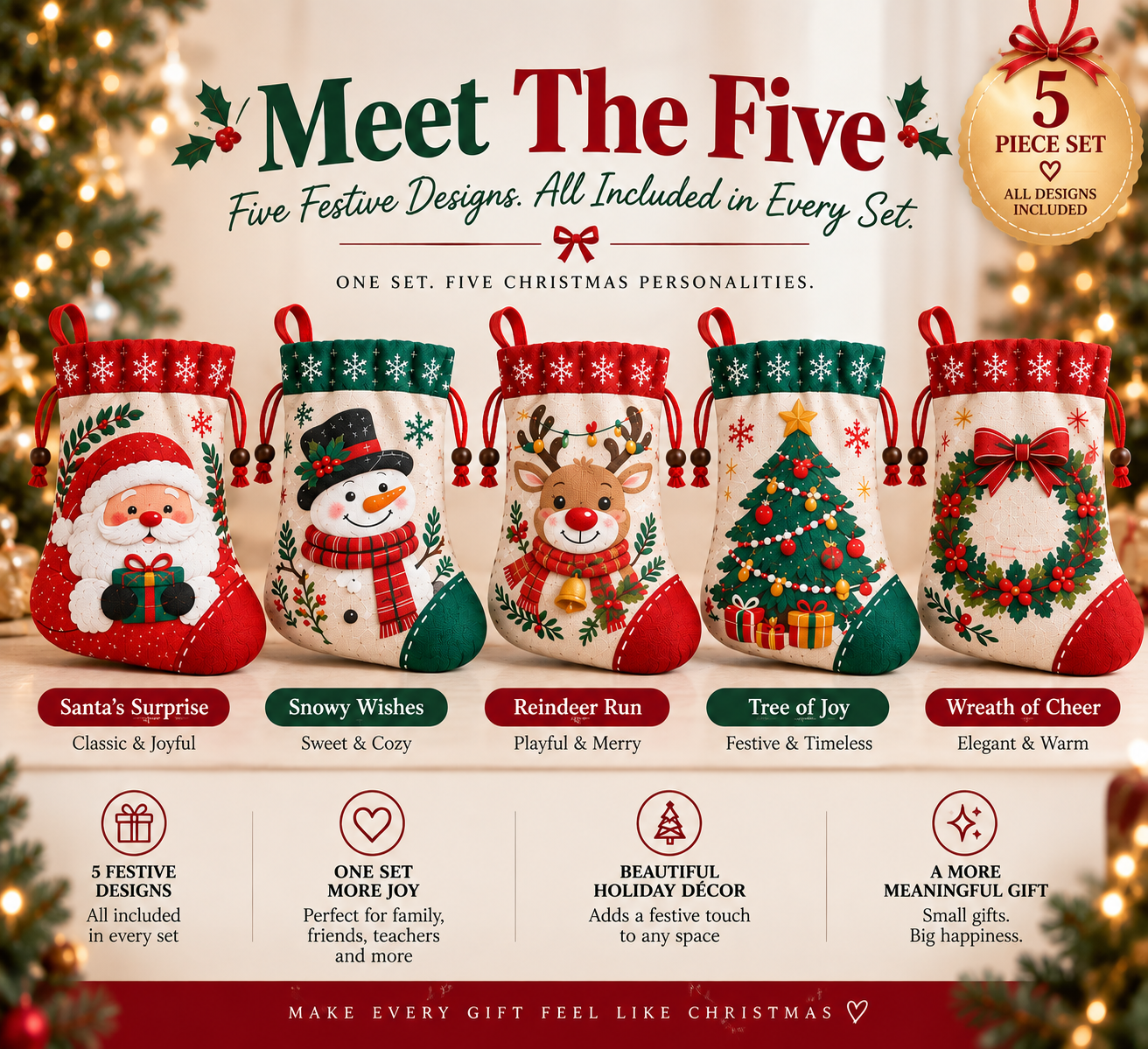 Christmas Stocking Gift Pouches – 5 Festive Designs in One Set