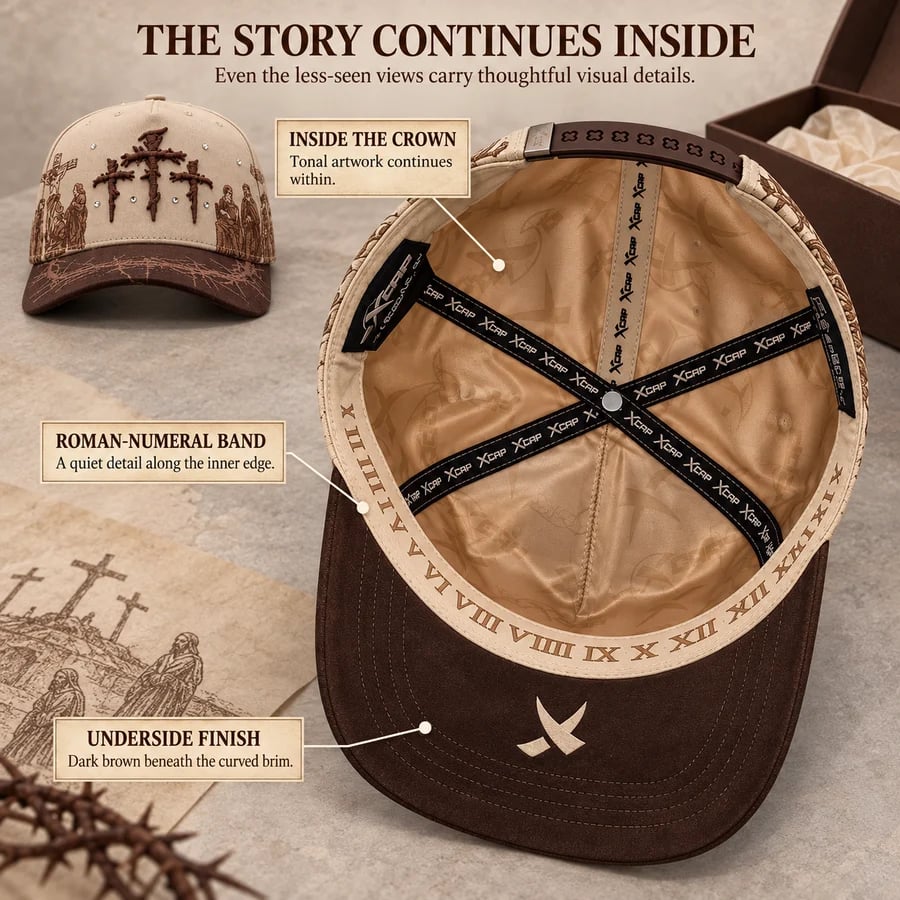 Inside view of the Viacrucis cap showing crown artwork, inner band and underside brim detail