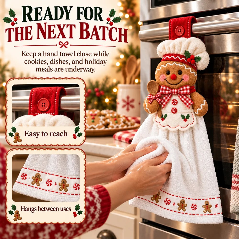 Gingerbread Baker hanging towel kept close to the oven during Christmas baking