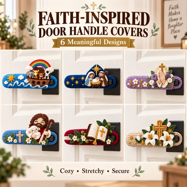 ✝️ Hand-Crocheted Christian Door Handle Covers | Soft 3D Details & Machine-Washable Design 🧶 - ✝️The Easter Lily Cross (Beige)