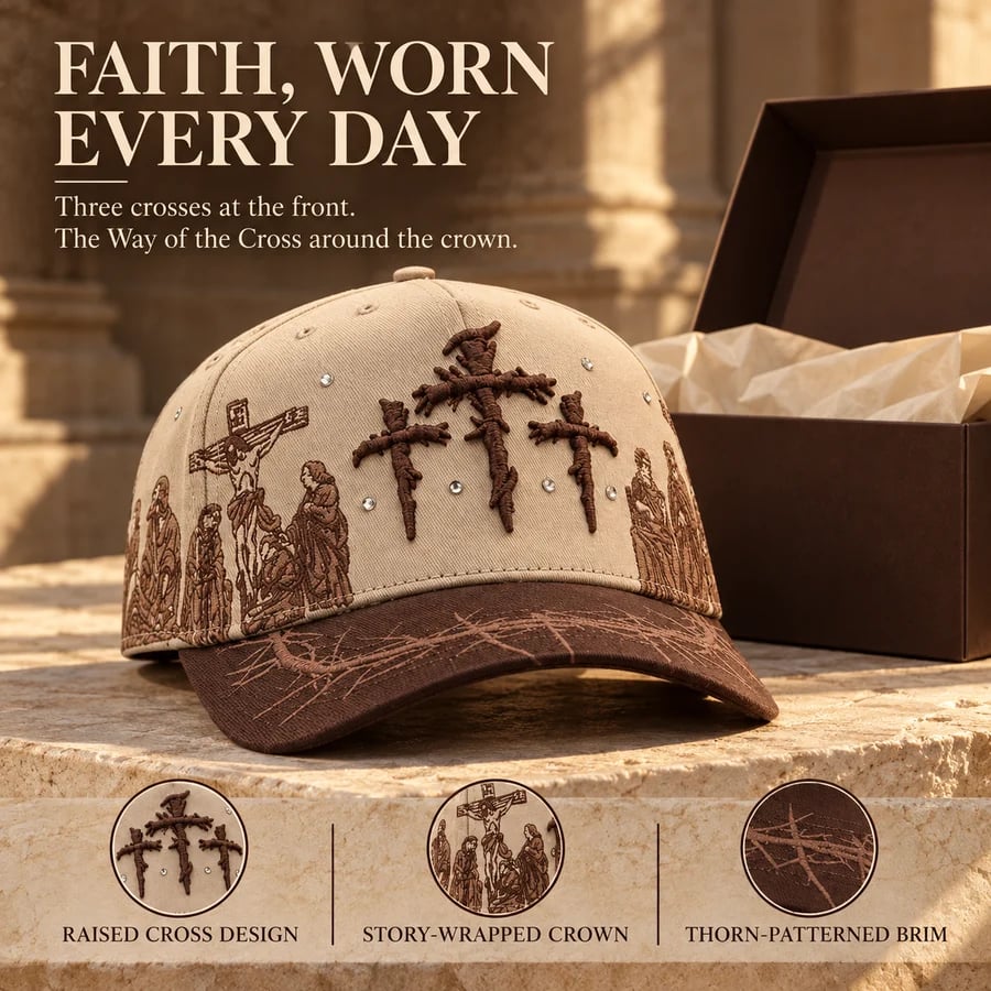 Viacrucis cream and brown cap with three raised crosses and illustrated crown