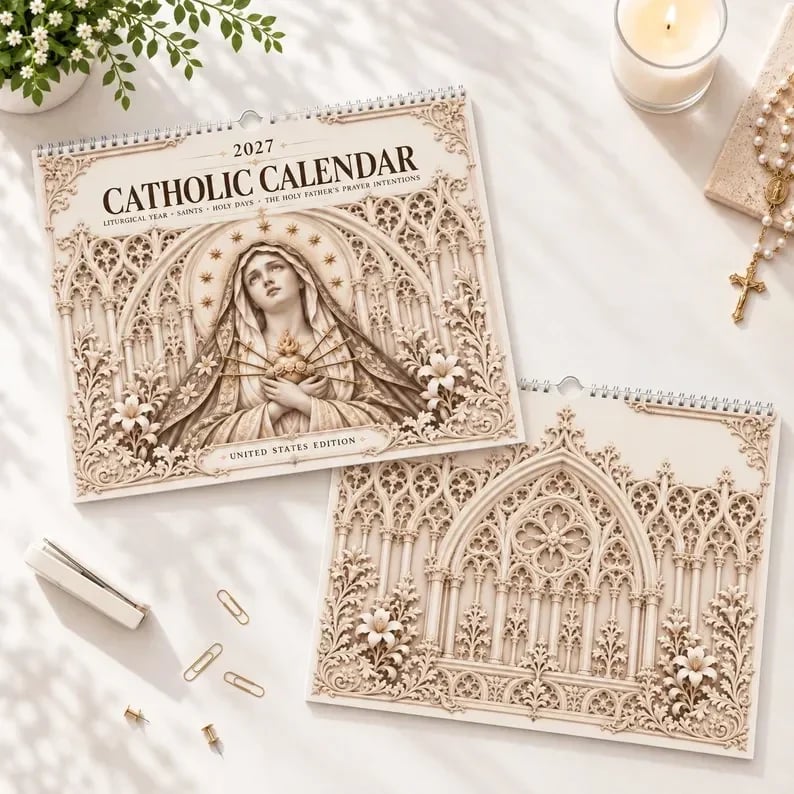 2027 Catholic liturgical wall calendar with Gothic sacred artwork