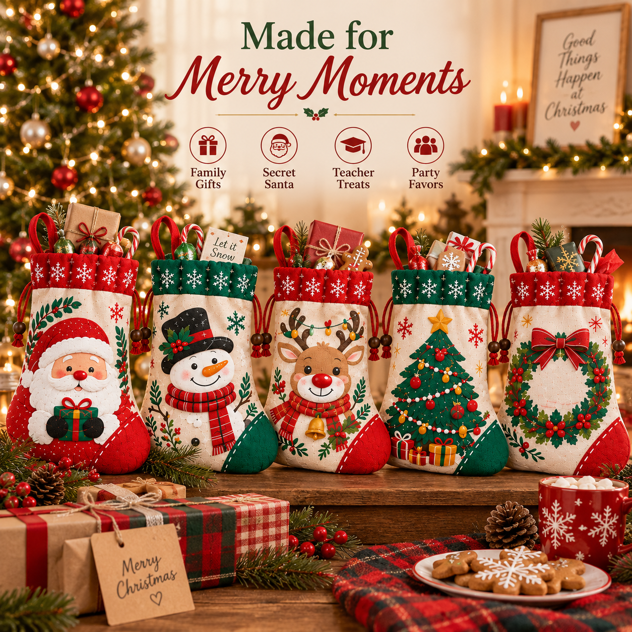 Christmas Stocking Gift Pouches – 5 Festive Designs in One Set