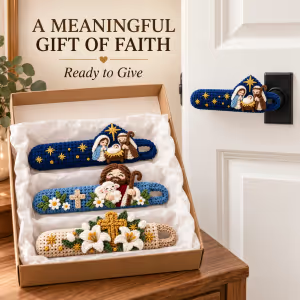 ✝️ Hand-Crocheted Christian Door Handle Covers | Soft 3D Details & Machine-Washable Design 🧶 - ✝️The Easter Lily Cross (Beige)