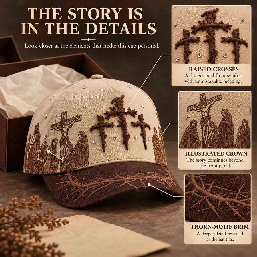 Close view of raised crosses, illustrated crown and thorn-patterned brim