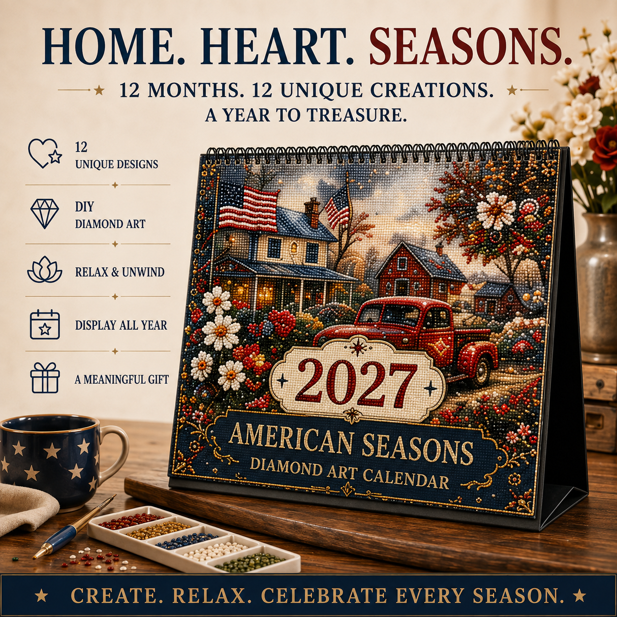 2027 American Seasons™ Diamond Painting Calendar – 12 Unique Monthly Designs