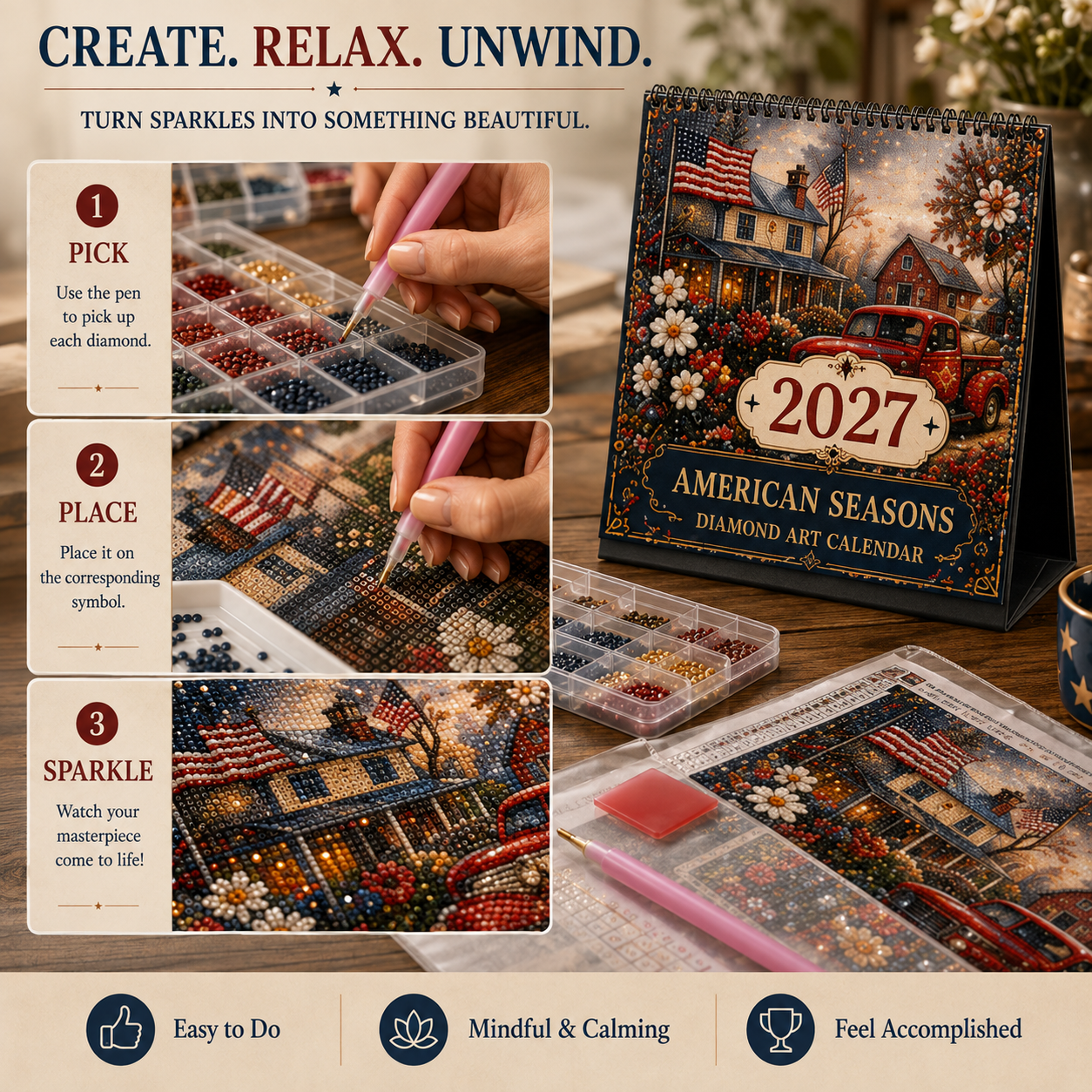 2027 American Seasons™ Diamond Painting Calendar – 12 Unique Monthly Designs