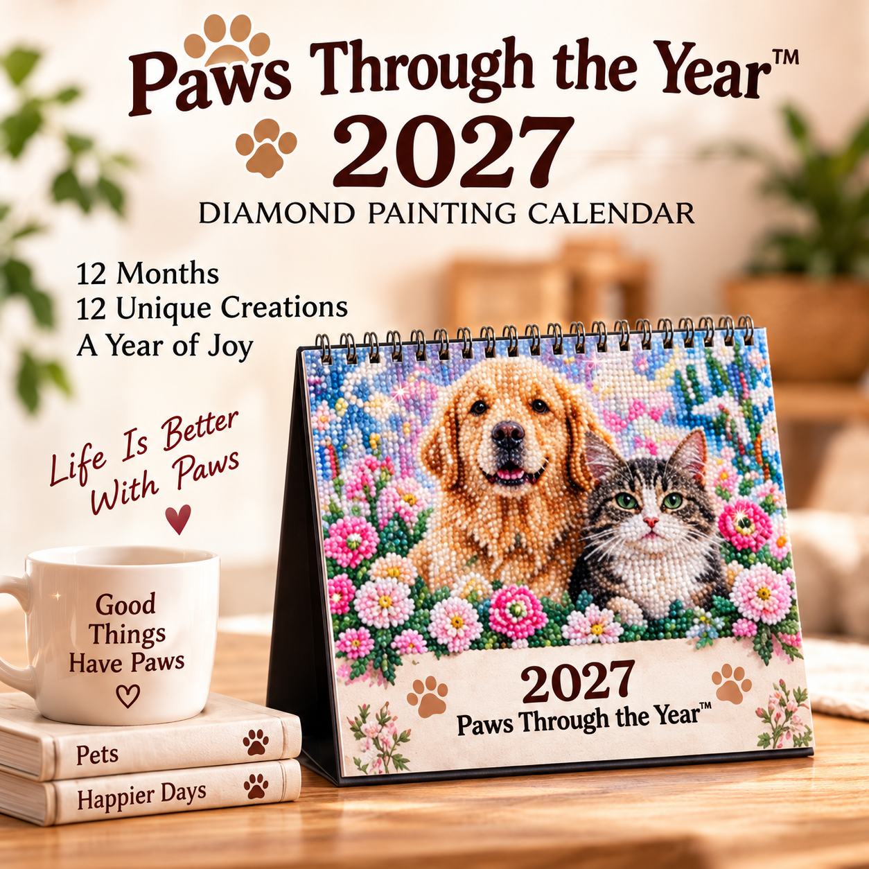 2027 Paws Through the Year™ Diamond Painting Calendar – 12 Unique Monthly Designs