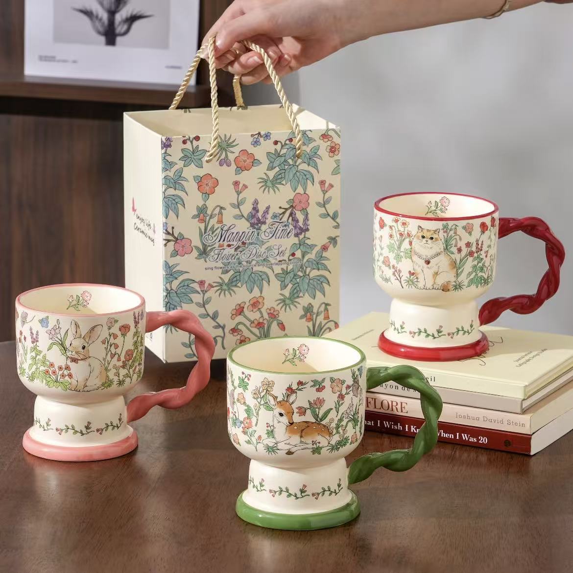 Whimsical Garden Animal Mug – Vintage Botanical Ceramic Cup with Branch Handle