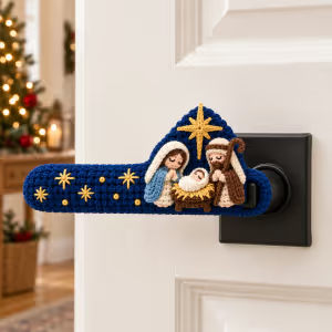 ✝️ Hand-Crocheted Christian Door Handle Covers | Soft 3D Details & Machine-Washable Design 🧶 - ✝️The Easter Lily Cross (Beige)