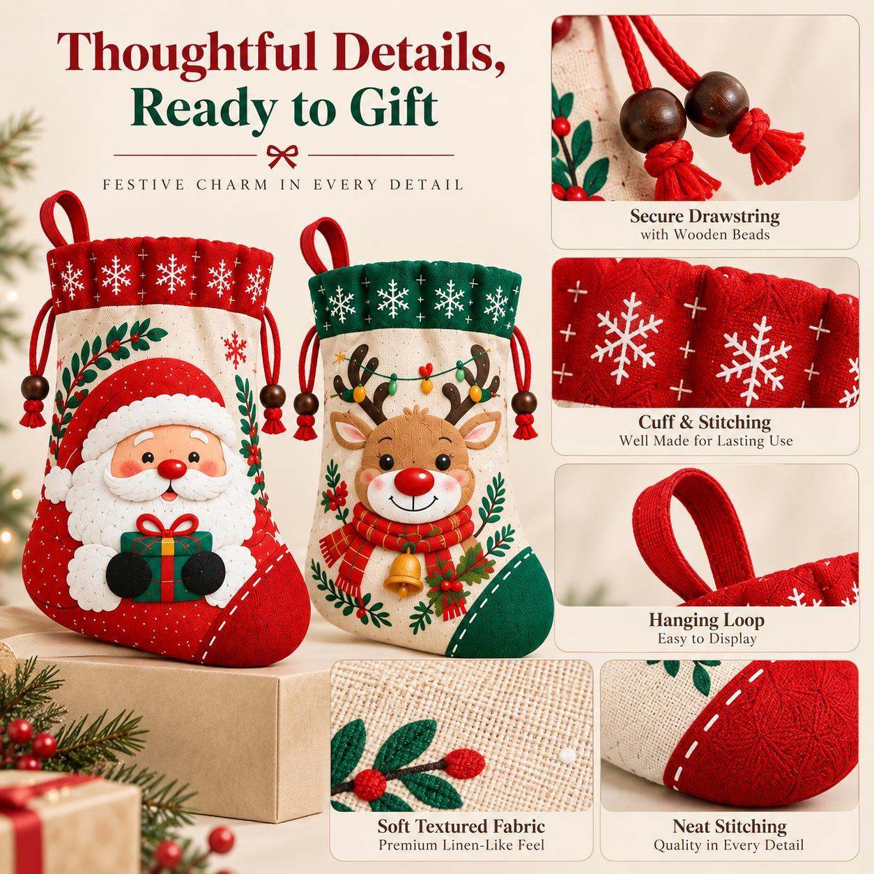 Christmas Stocking Gift Pouches – 5 Festive Designs in One Set