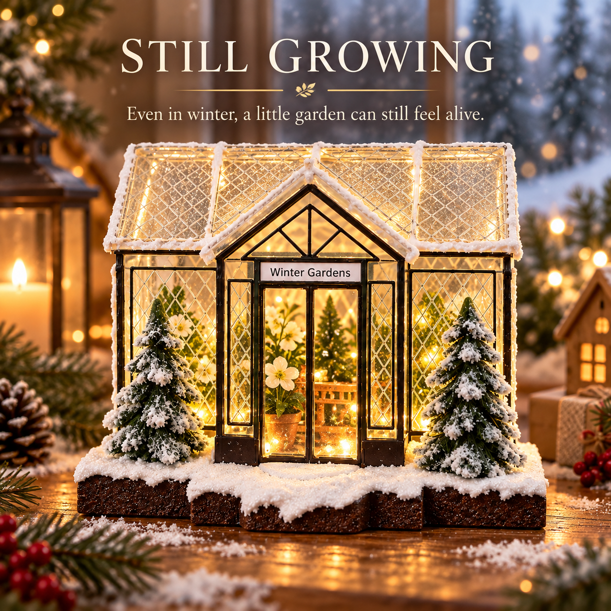 Winter Gardens™ Lighted Miniature Conservatory – Snowy Greenhouse Christmas Tabletop Decor
